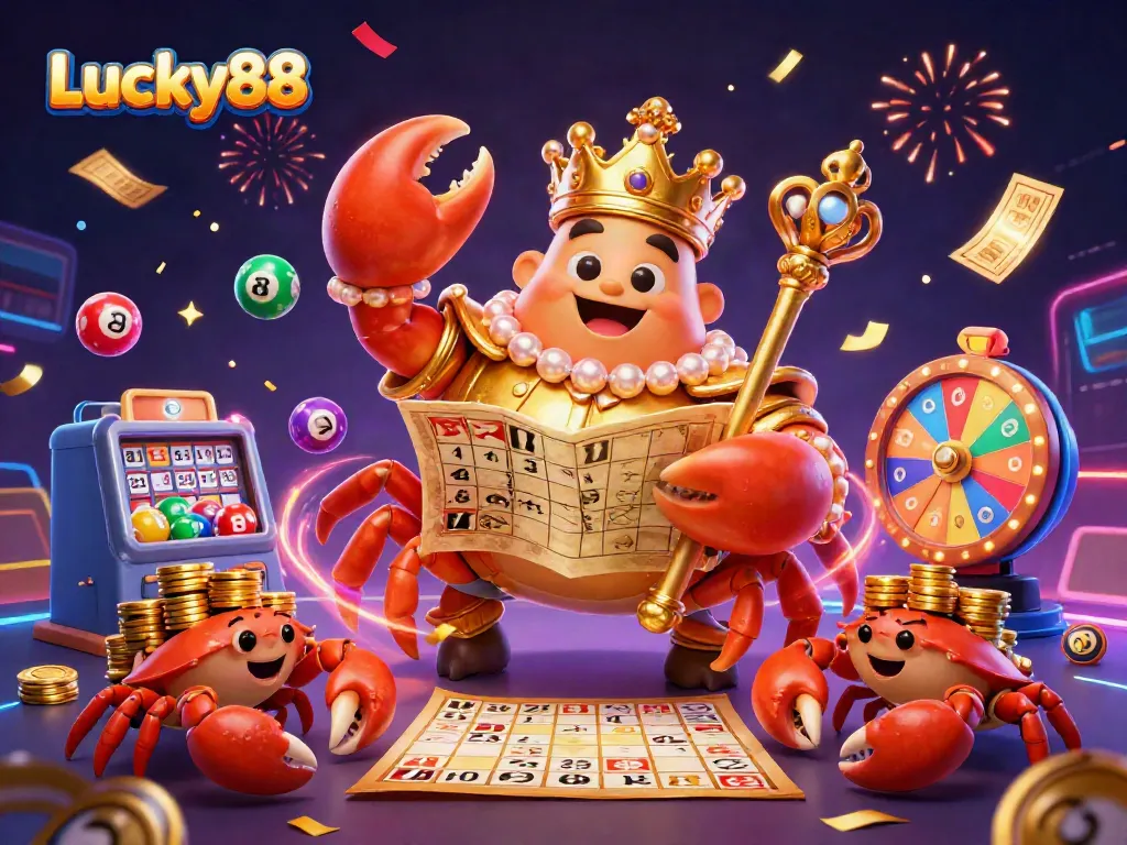 Spin to win big with Lucky88 in a vibrant online casino scene featuring a golden crab emperor.
