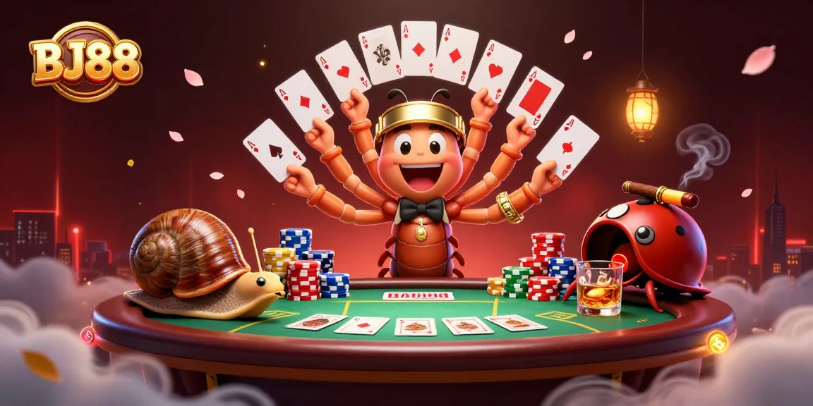 Engage in thrilling action at BJ88 with a vibrant 3D illustration of a millipede dealer and high-roller characters.