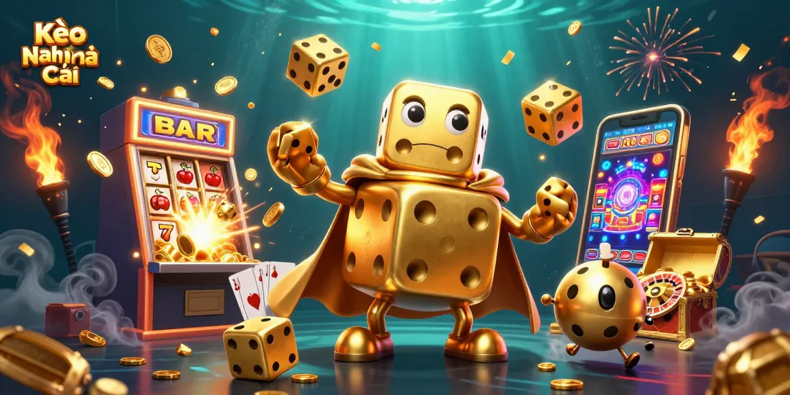 Engage with Kèo Nhà Cái in a vibrant casino scene featuring golden dice and colorful slot machine action.