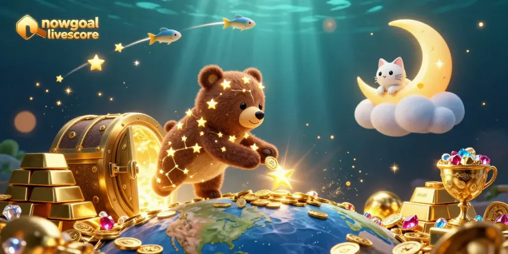 Experience the thrill of nowgoal livescore with a vibrant 3D fantasy scene of a constellation bear and treasures.