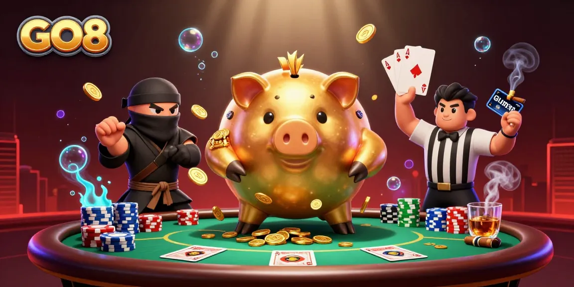 Engage in GO8-themed gaming excitement with dynamic characters battling amid rich casino elements.