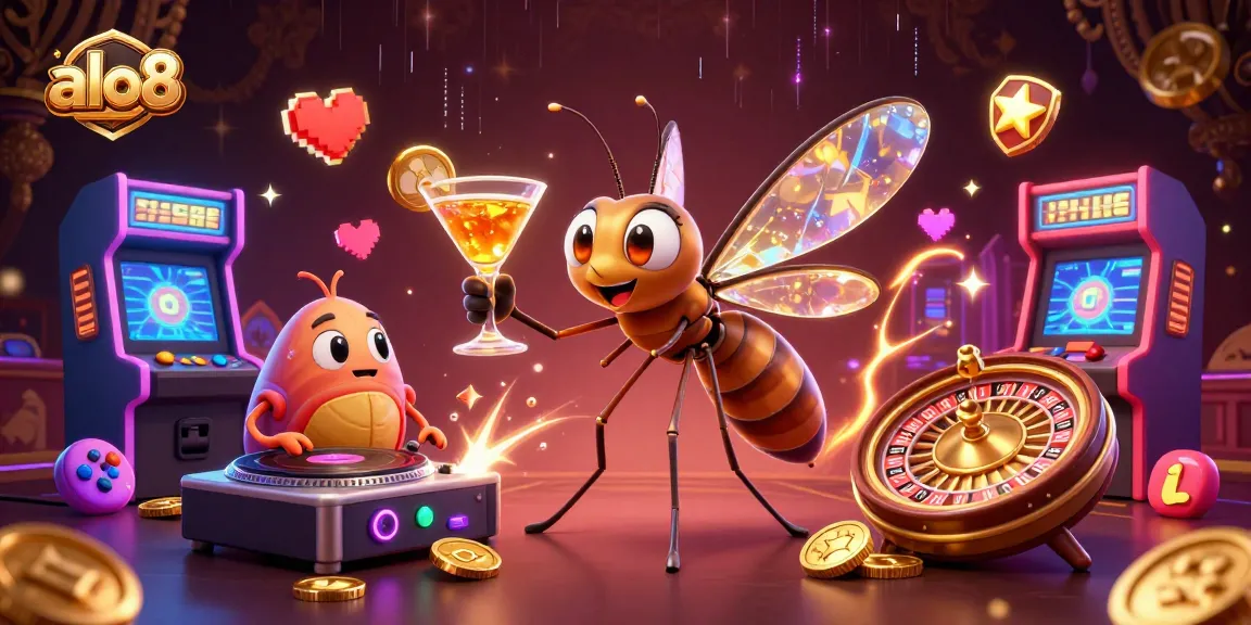 Engage in thrilling gaming with ALO8, featuring a vibrant scene of casino mascots and games.