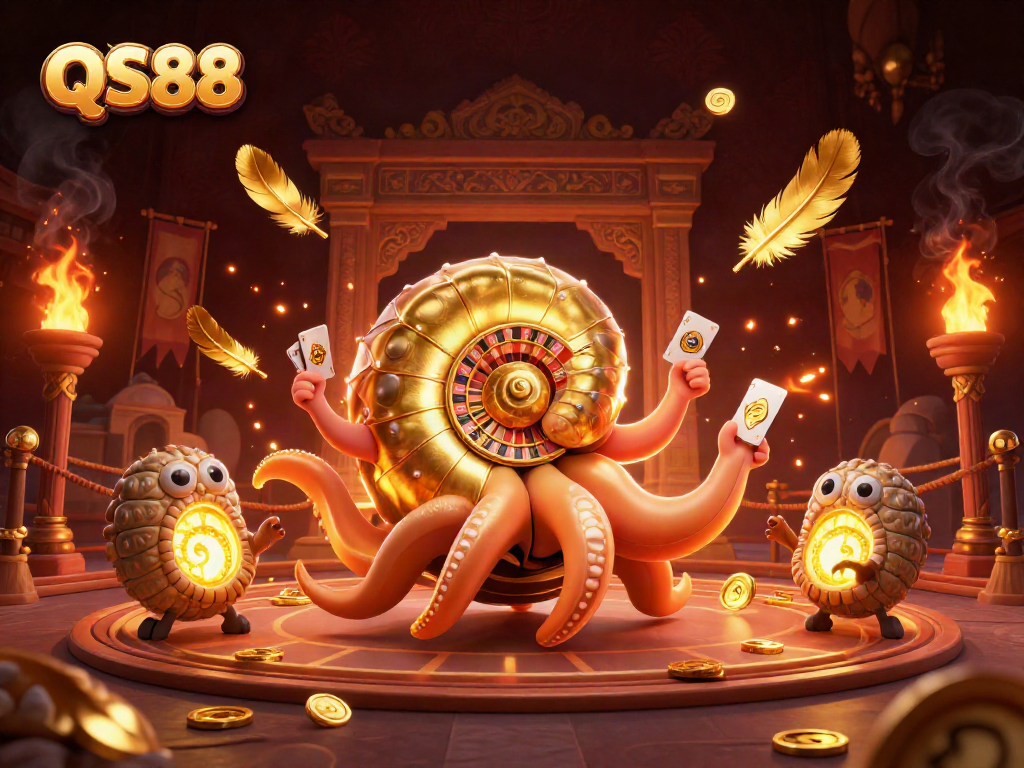 Engage with QS88's thrilling entertainment, highlighted by a giant nautilus roulette wheel and glowing ammonite companions.