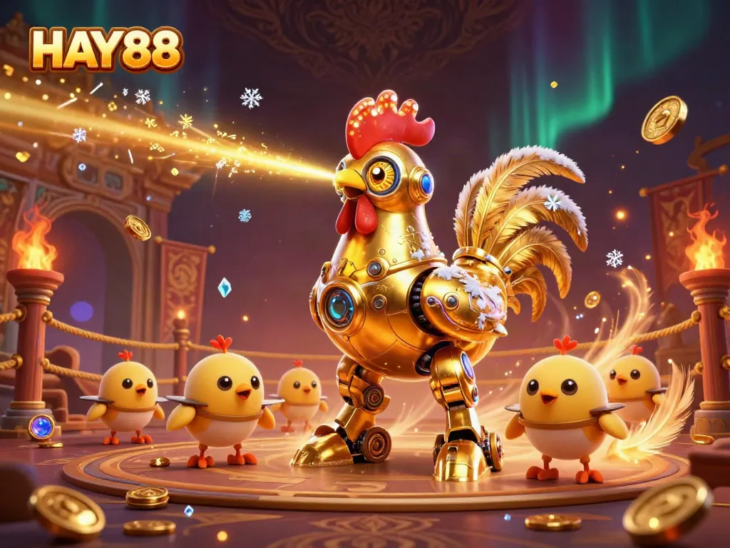 Experience the excitement of HAY88 with a laser-shooting golden rooster robot amidst dynamic betting elements.