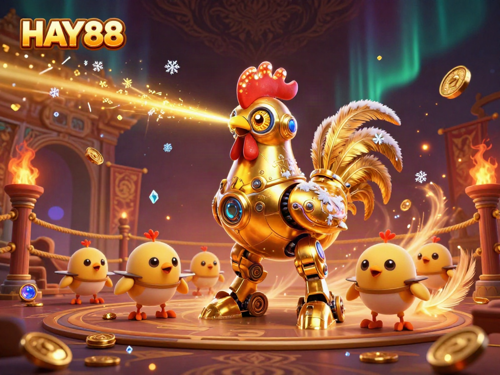 Experience the excitement of HAY88 with a laser-shooting golden rooster robot amidst dynamic betting elements.