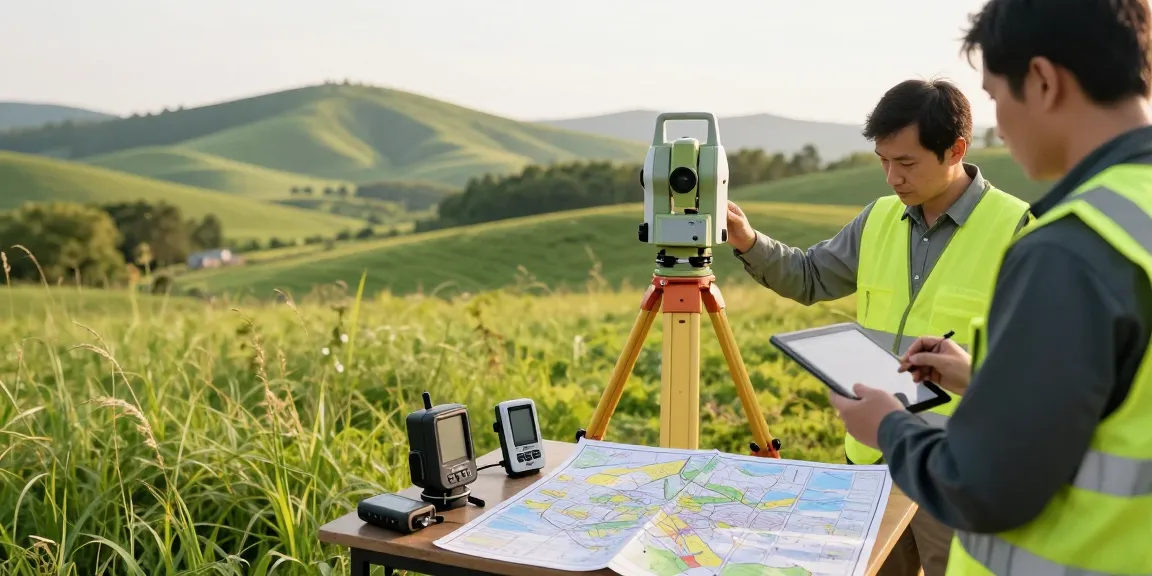 Topographical surveys in action with surveyor using total station in green landscape.