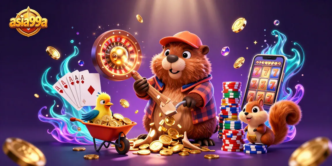 Experience thrilling wins on asia99a with a vibrant scene of cartoon characters celebrating gambling victories.