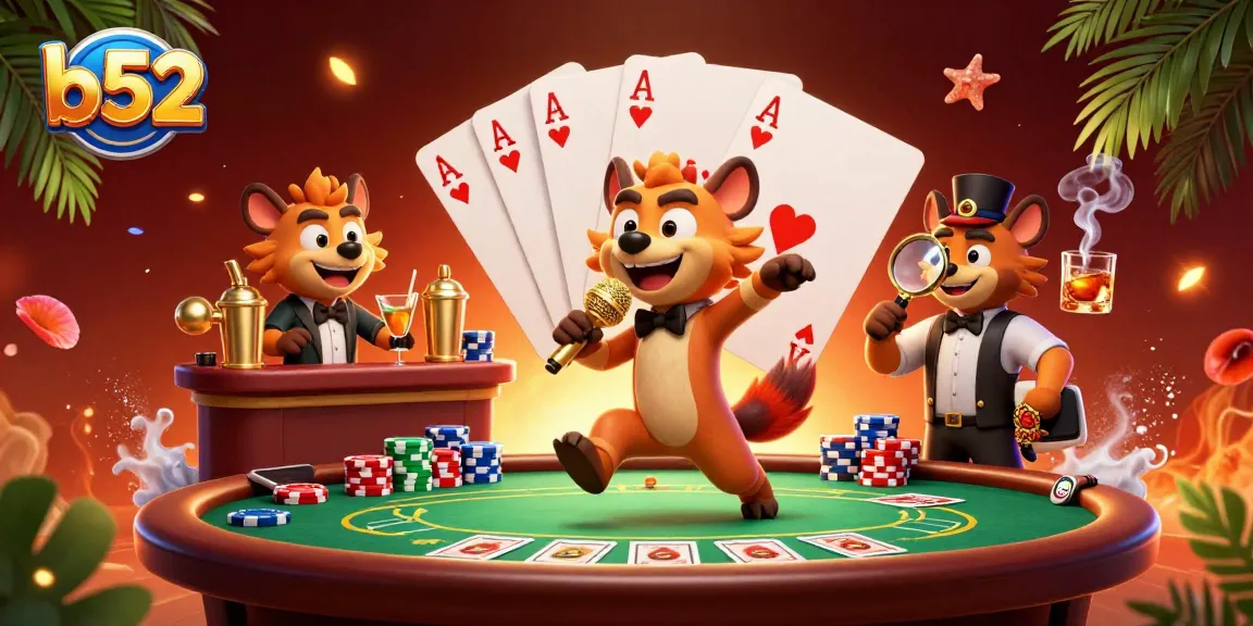 B52 hyenas running a comedy casino club, featuring engaging gambling elements like poker chips and cards.