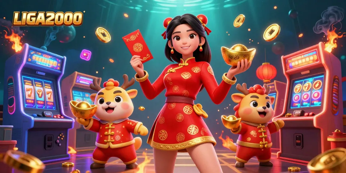 Pemandangan permainan LIGA2000 yang menampilkan wanita Asia bersemangat merayakan dengan amplop merah dan elemen mesin slot.