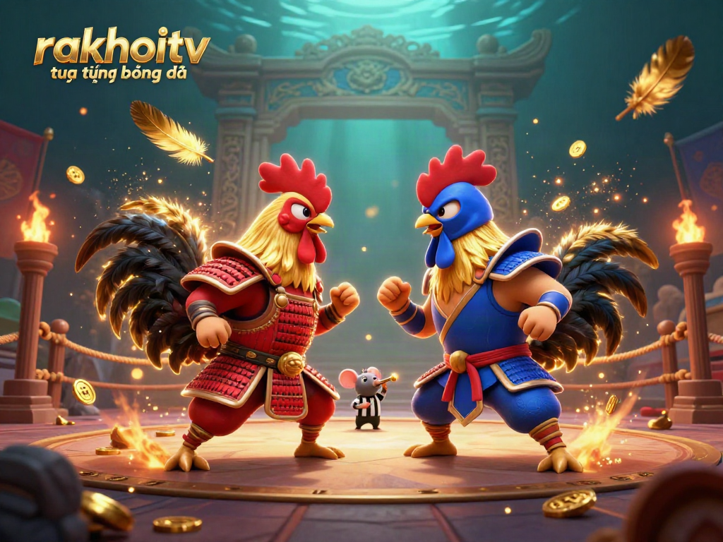 Experience thrilling action with rakhoitv trực tiếp bóng đá, featuring epic rooster fighters in a dramatic setting.