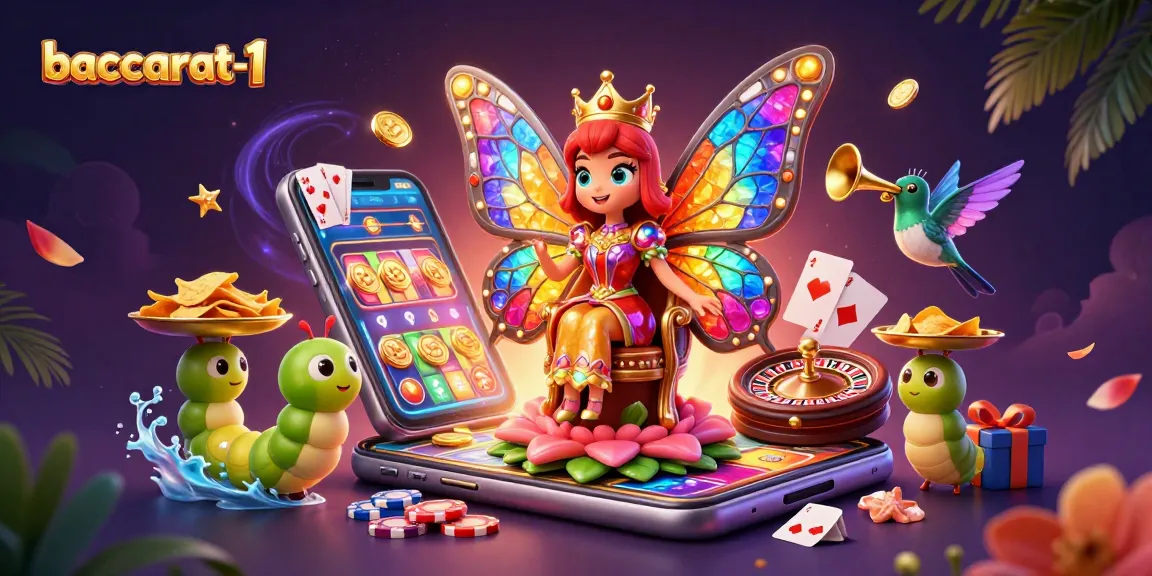 Baccarat-1 players enjoying a vibrant, colorful gaming environment with a butterfly queen and casino elements.