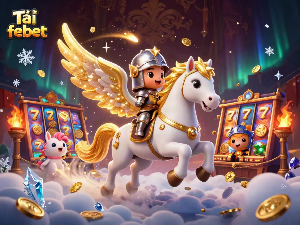 Experience the thrill of Tải febet with vibrant slots, coins, and an armored knight galloping through clouds.