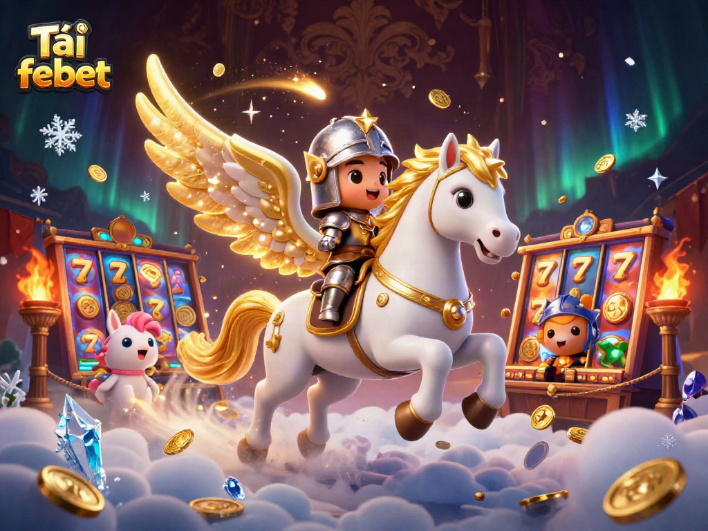 Experience the thrill of Tải febet with vibrant slots, coins, and an armored knight galloping through clouds.