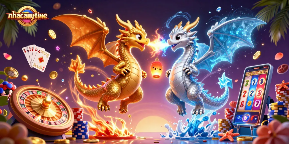 Experience exciting gameplay with nhacaiuytinne as twin dragons breathe fire and ice amidst vibrant casino elements.