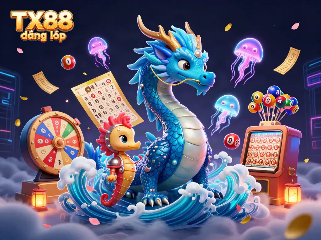 Experience the thrill of TX88 đăng nhập with vibrant lottery elements and magical sea creatures in 3D art.