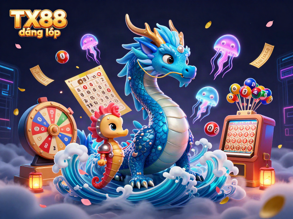 Experience the thrill of TX88 đăng nhập with vibrant lottery elements and magical sea creatures in 3D art.