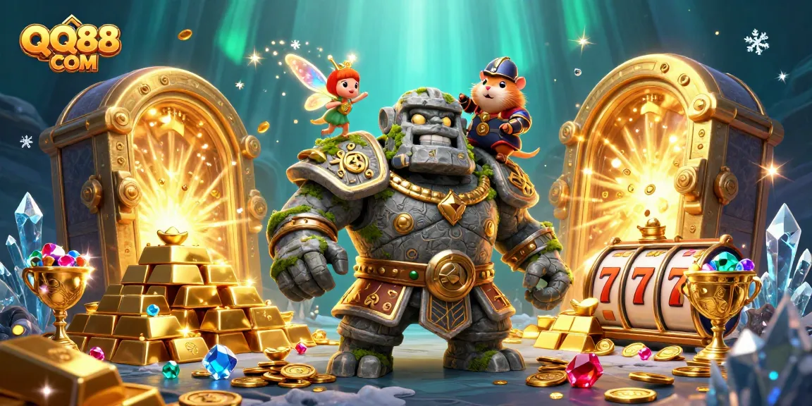 Experience the thrill of QQ88 COM with slot reels and magical characters in an enchanting casino scene.