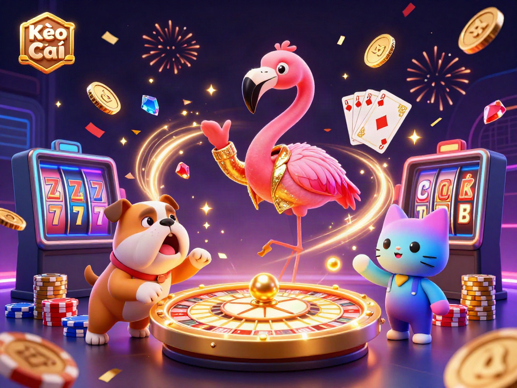 Kèo Nhà Cái vibrant scene showcasing a game show host flamingo and bulldog contestant amidst flying coins and a dynamic prize wheel.