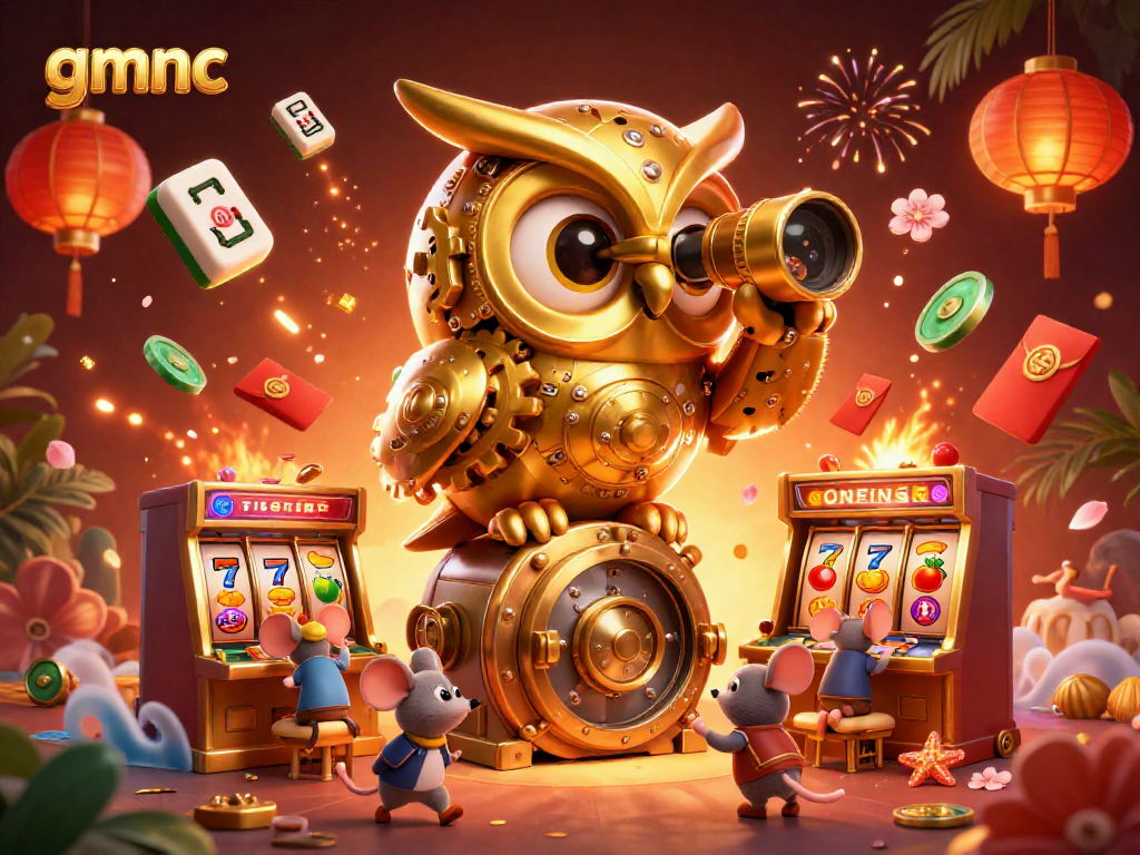 Experience gmnc’s vibrant casino scene featuring a clockwork owl and lively game elements.