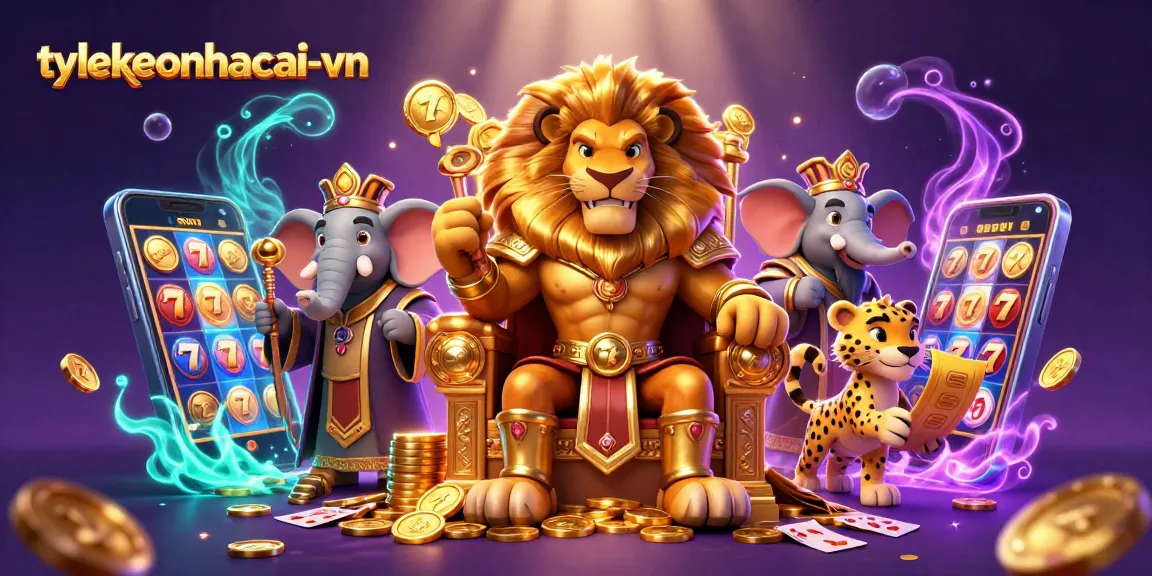Engage with the exciting world of tylekeonhacai-vn featuring a lion king, elephant advisor, and cheetah messenger.