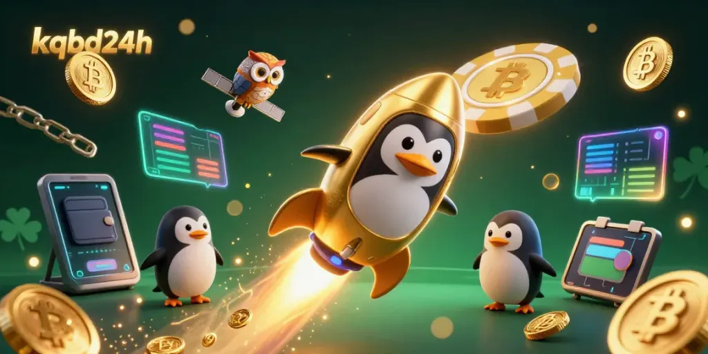 Bet on kqbd24h with a golden penguin soaring through a neon casino galaxy filled with crypto elements.