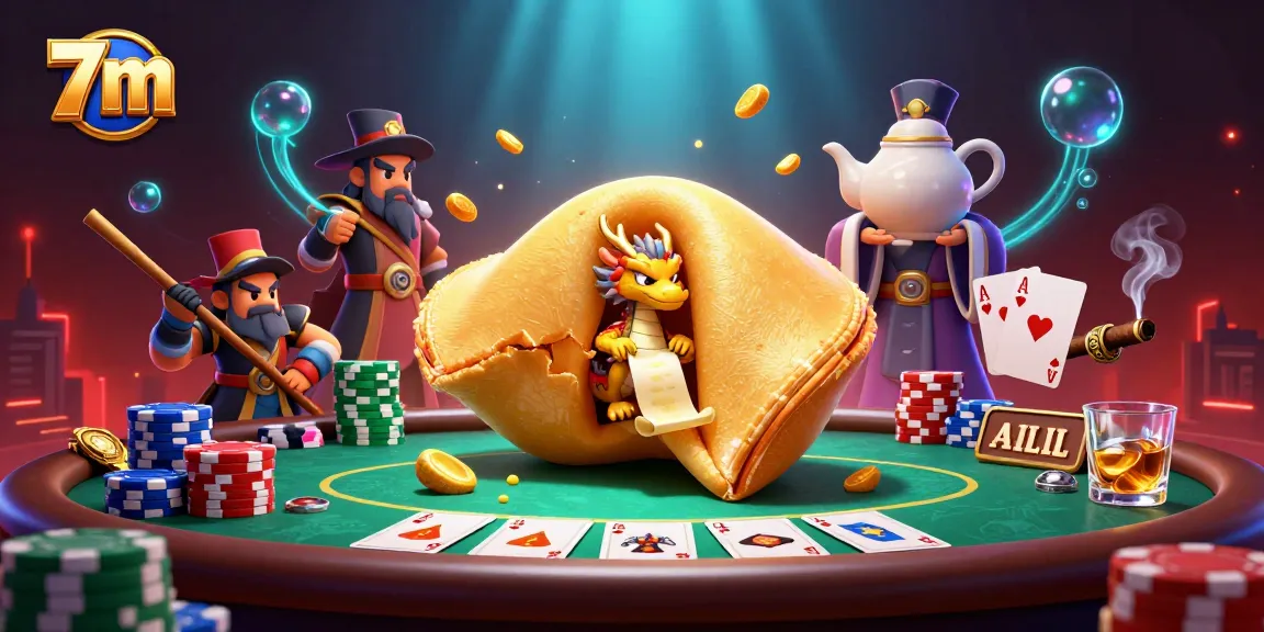 Experience thrilling gaming action with 7m's vibrant illustration showcasing poker dynamics and fortune elements.