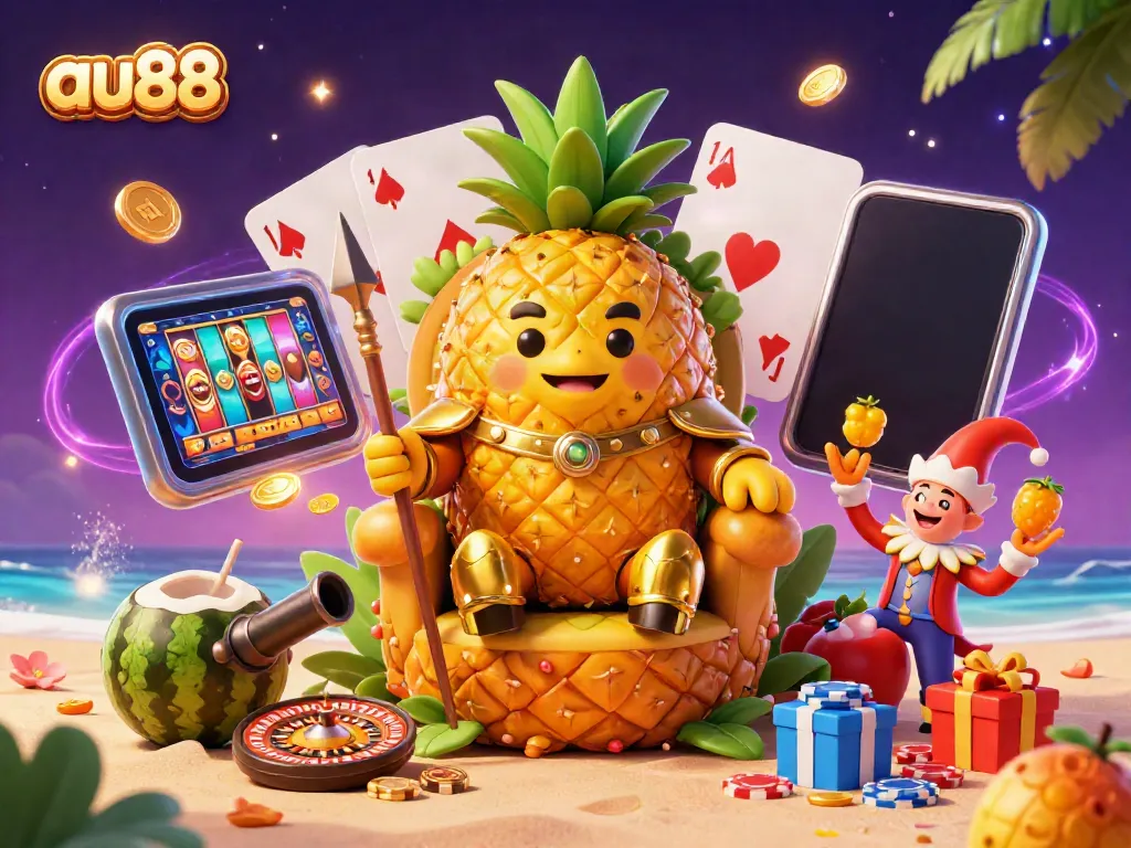 Experience excitement at au88 with a golden pineapple king, coconut guards, and vibrant casino elements.