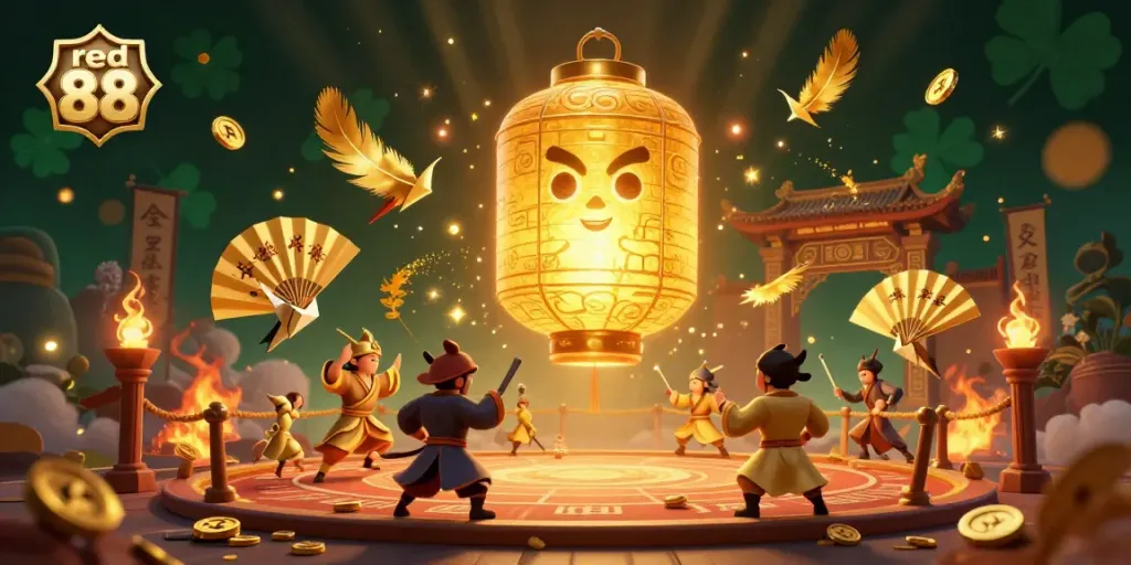 Engaged players interact with a vibrant red 88 casino, featuring golden lanterns and exciting betting symbols.