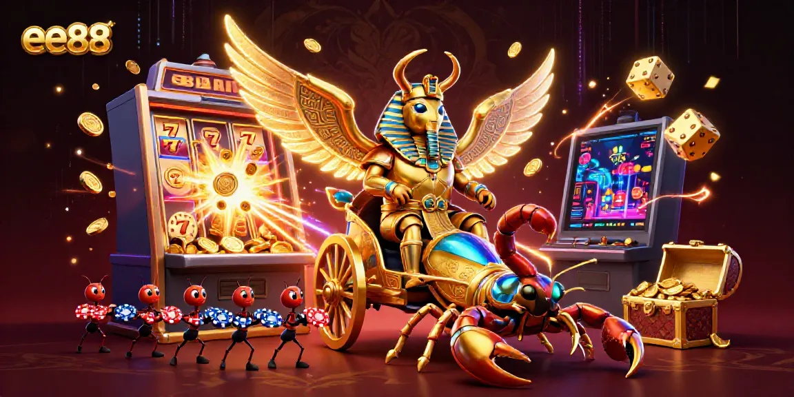 Experience the excitement of ee88 with a vibrant 3D casino illustration, featuring a golden scarab and dynamic game elements.