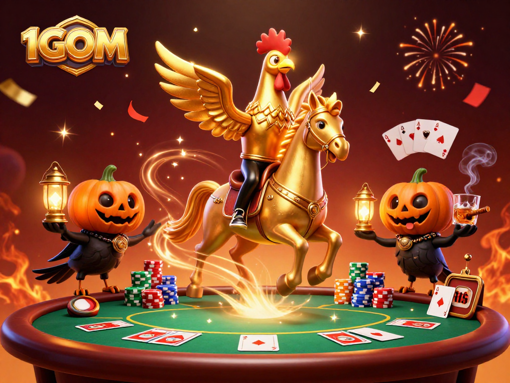 1GOM brings excitement as golden rooster rides through a vibrant casino scene.