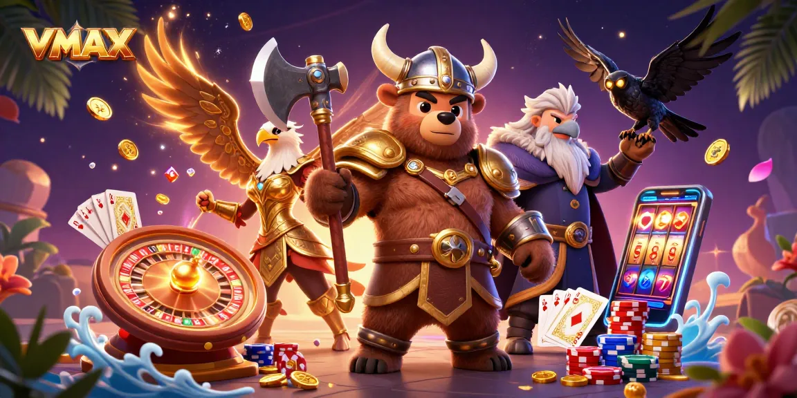 VMAX players spin, winning jackpots amid vibrant characters and casino elements.
