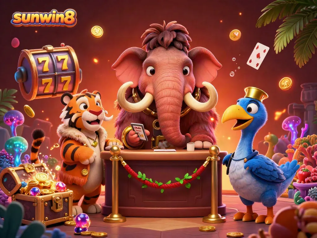 Experience the thrill at sunwin8 with a lively scene showcasing a cartoon bouncer, a VIP saber-toothed tiger, and a dodo doorman overseeing a jackpot casino.