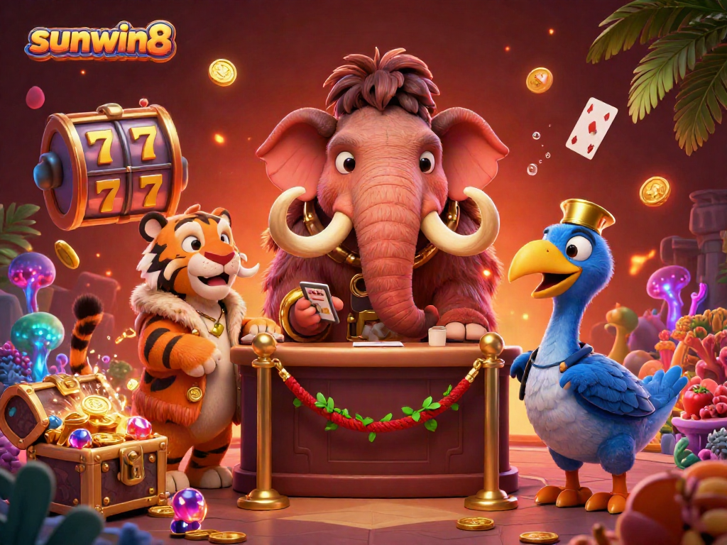Experience the thrill at sunwin8 with a lively scene showcasing a cartoon bouncer, a VIP saber-toothed tiger, and a dodo doorman overseeing a jackpot casino.