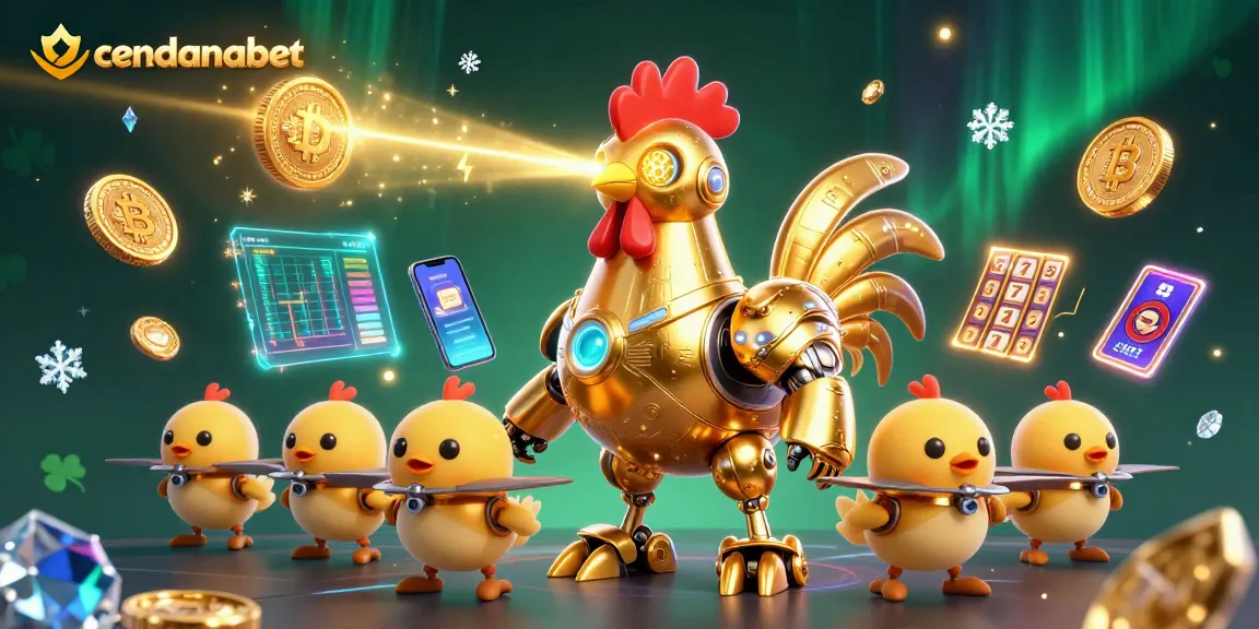 Cendanabet offers a thrilling gaming experience with a golden rooster robot in a dynamic slot casino illustration.