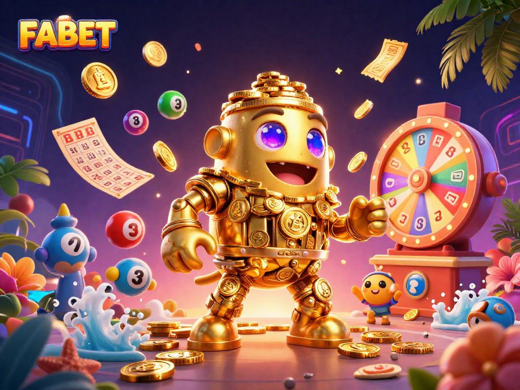 Engage with FABET's exciting gaming experience featuring a dynamic golden golem amidst casino elements.