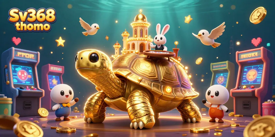 Experience thrilling wins at Sv368 thomo with our detailed 3D cartoon casino scene featuring a golden tortoise and lively game elements.