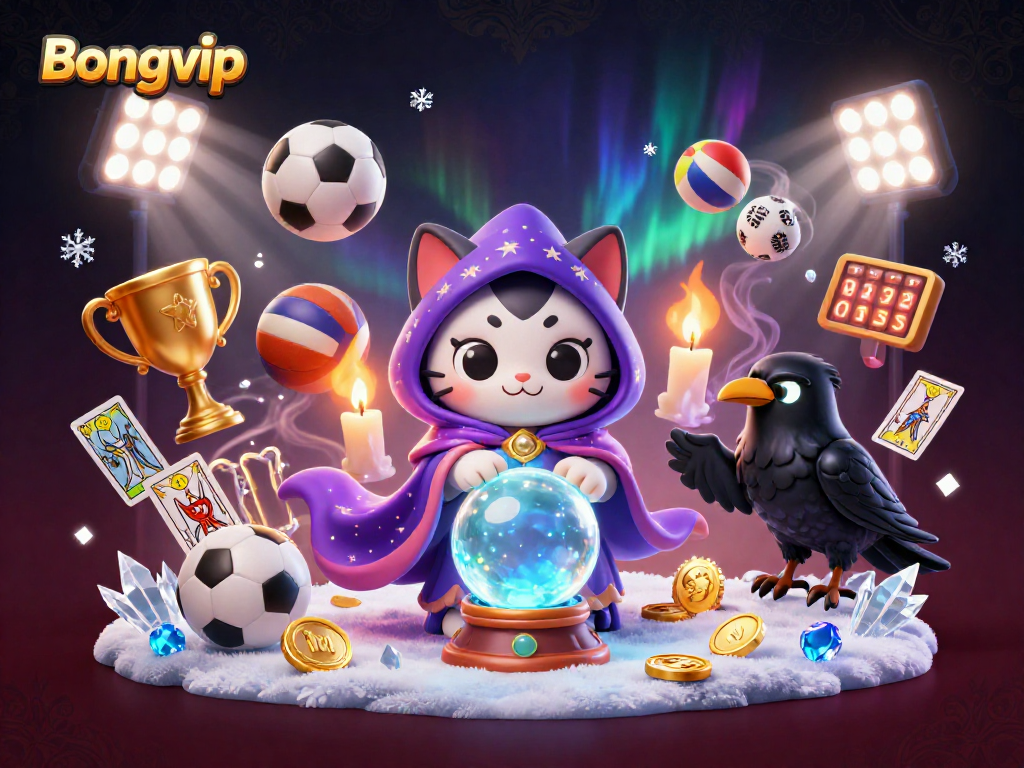 Bongvip offers exciting betting experiences with a mystic cat fortune teller, glowing elements, and vibrant sports action