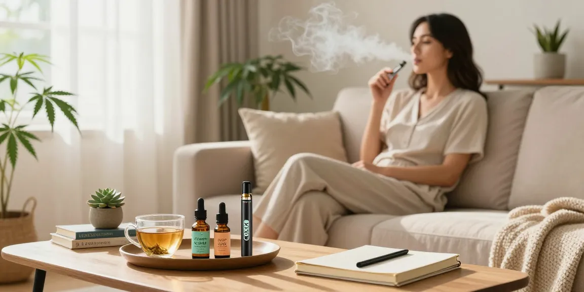 THC vape juice used in a calming wellness routine with CBD tinctures in a serene living room.