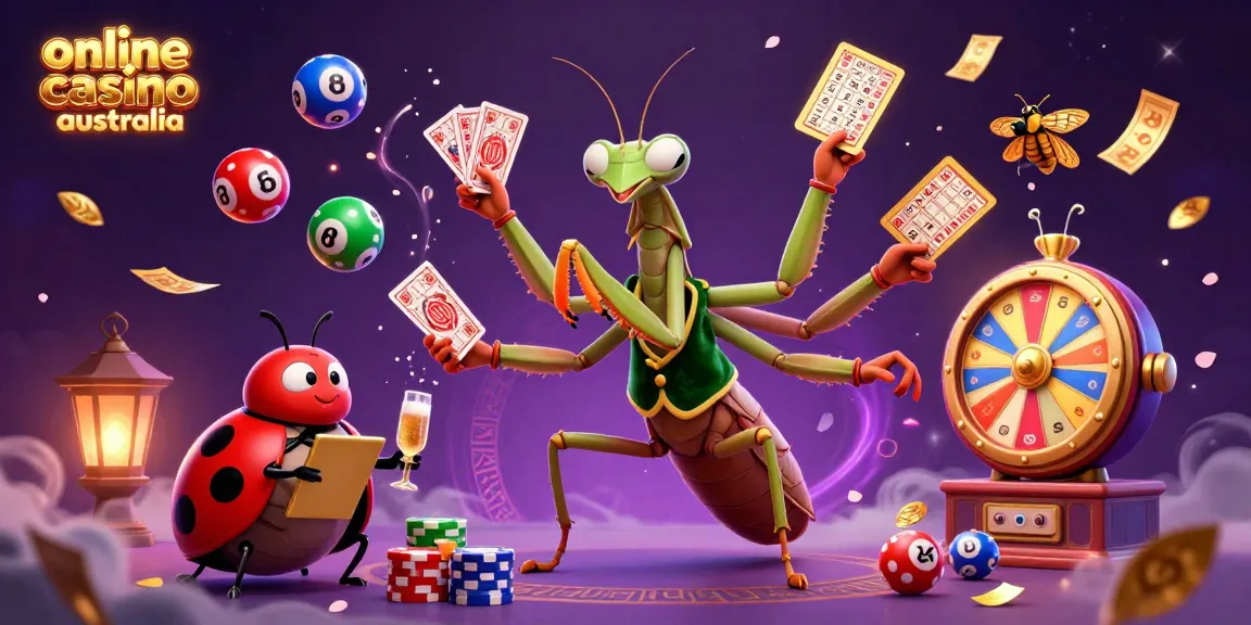 Engage in the vibrant scene of an online casino Australia with a 3D mantis dealer, vibrant lottery elements, and rich decorations.
