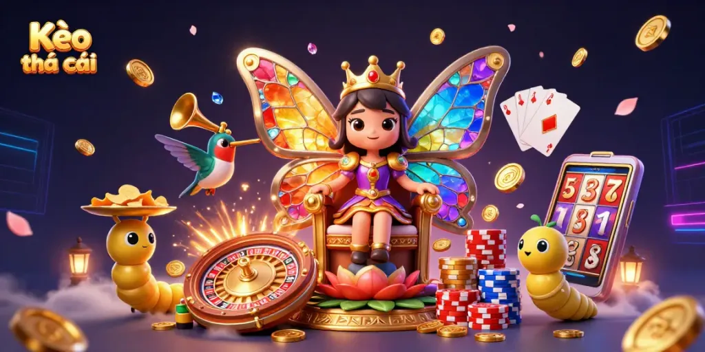 Kèo nhà cái vibrant illustration showcasing a colorful butterfly queen and dynamic gaming elements.
