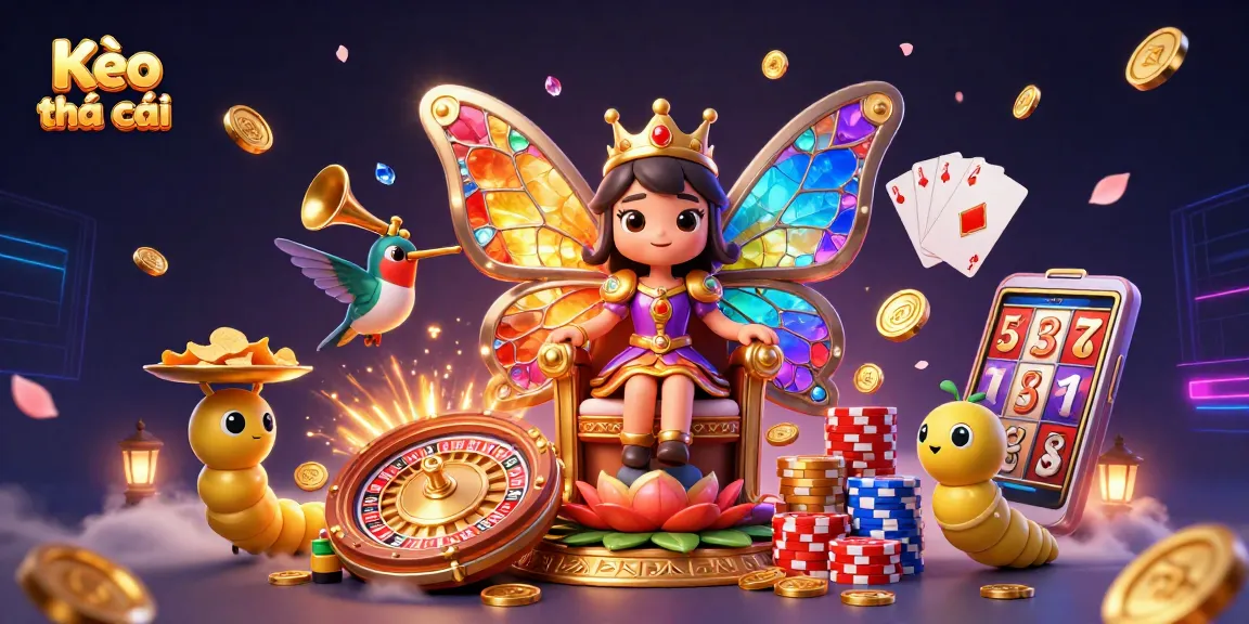 Kèo nhà cái vibrant illustration showcasing a colorful butterfly queen and dynamic gaming elements.