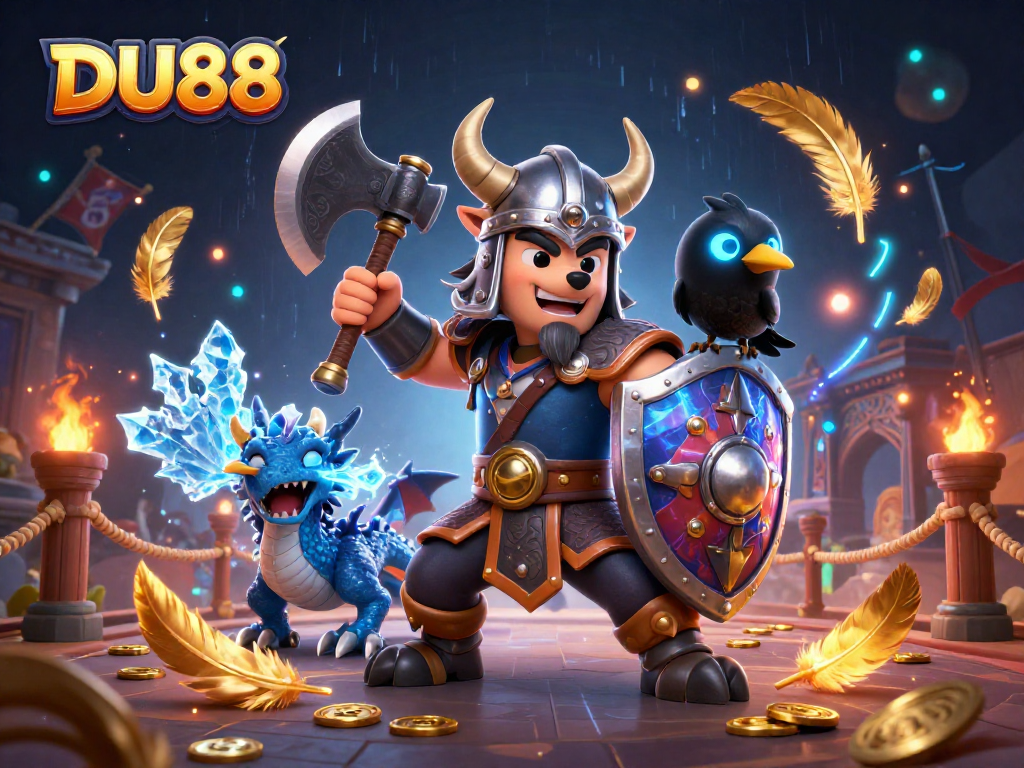 Engage with DU88's thrilling gaming experience featuring a Viking warrior, a fierce dragon, and immersive casino elements.