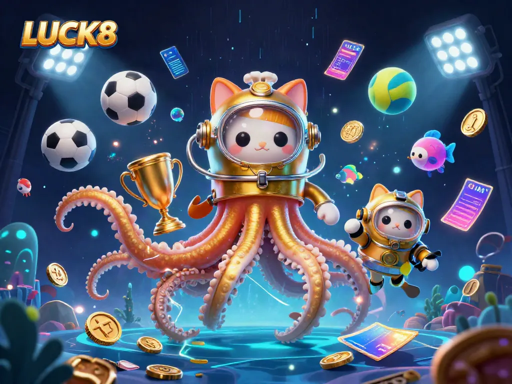 Engage in thrilling games at LUCK8 with a captivating kraken, diving cat, and bioluminescent fish.