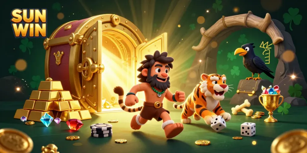 Experience SUN WIN's thrilling casino adventure with a lively prehistoric duo and sparkling treasures.