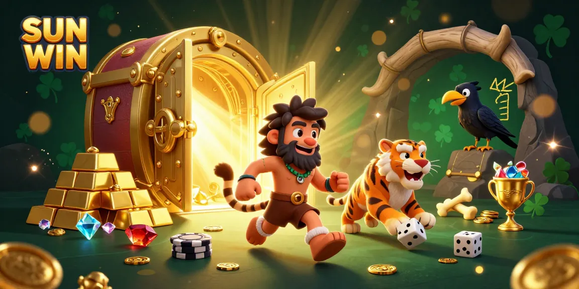 Experience SUN WIN's thrilling casino adventure with a lively prehistoric duo and sparkling treasures.