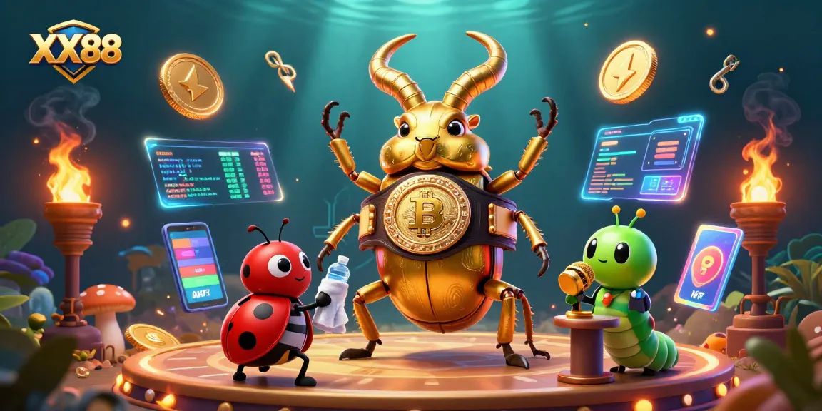 Bet on XX88 with a vibrant illustration of a boxing beetle and casino elements to enhance your experience.