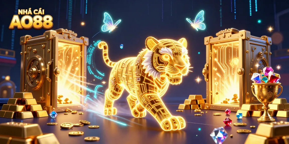 Experience the excitement of NHÀ CÁI AO88 with a neon-wireframe tiger, digital treasures, and dazzling gems.