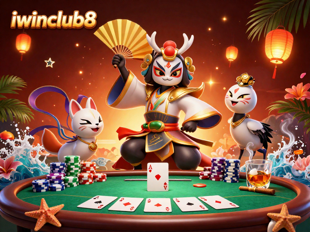 Engage with iwinclub8's thrilling poker scene depicting a kabuki warrior and kitsune.