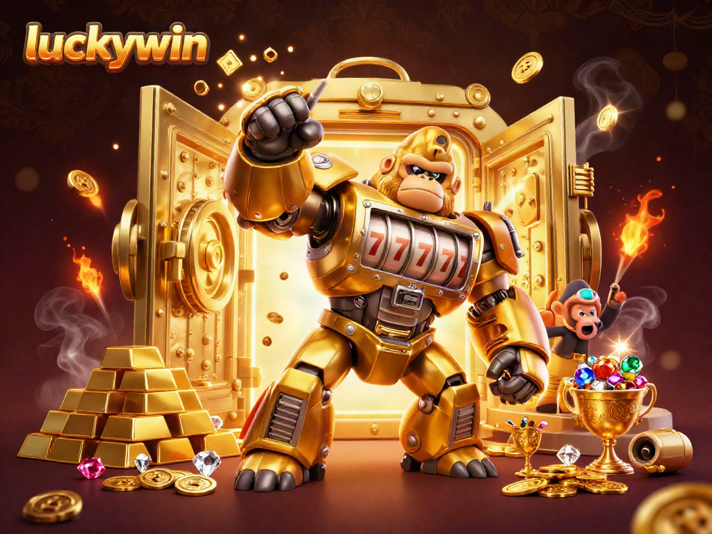 Experience thrilling wins at luckywin with a dynamic cartoon scene featuring a golden gorilla mech.