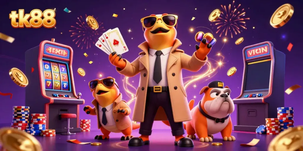 Experience the excitement of tk88 slots with three raptors disguised as a tall player in a casino.